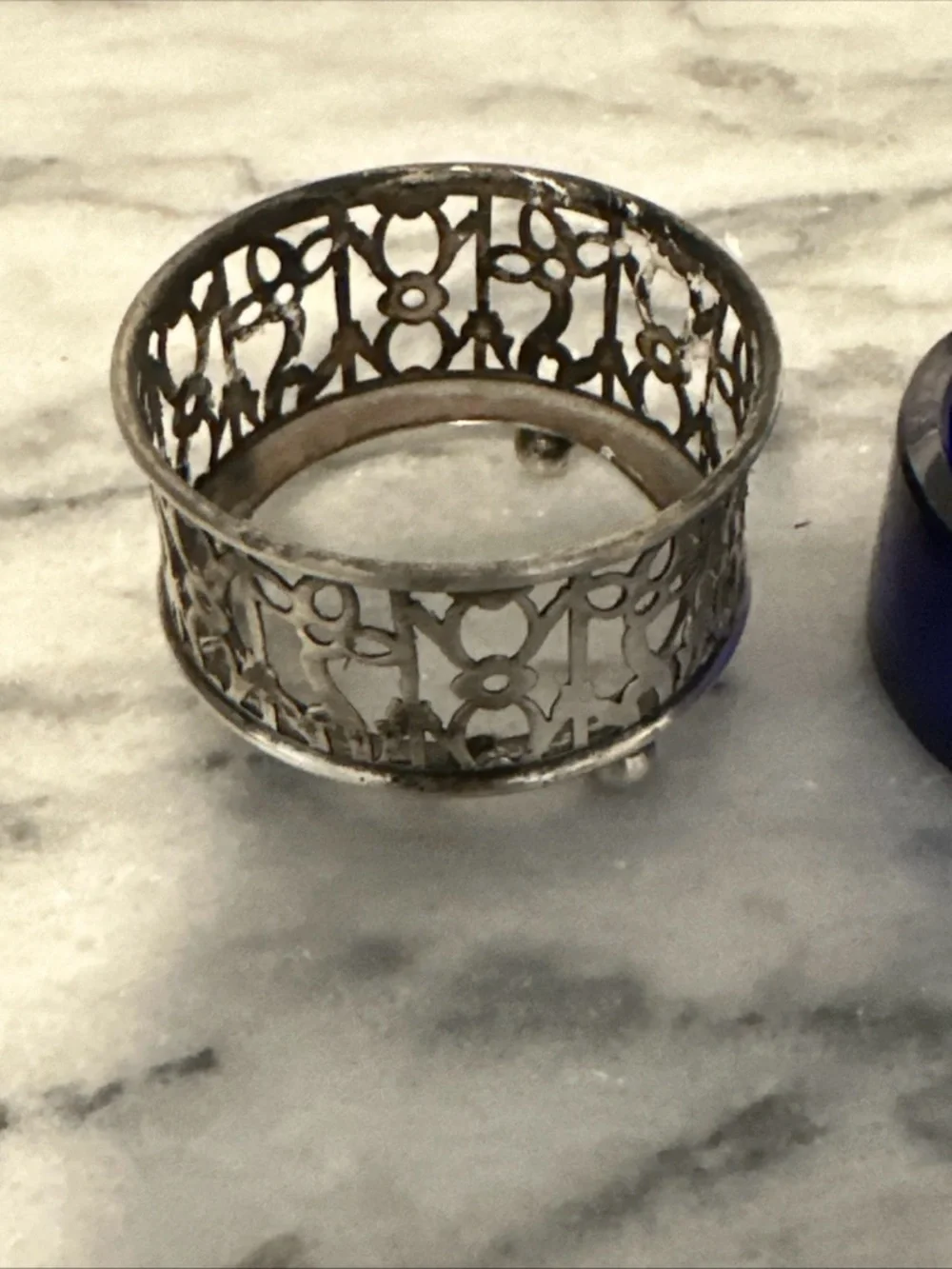 Antique sterling silver with cobalt blue glass insert salt cellar